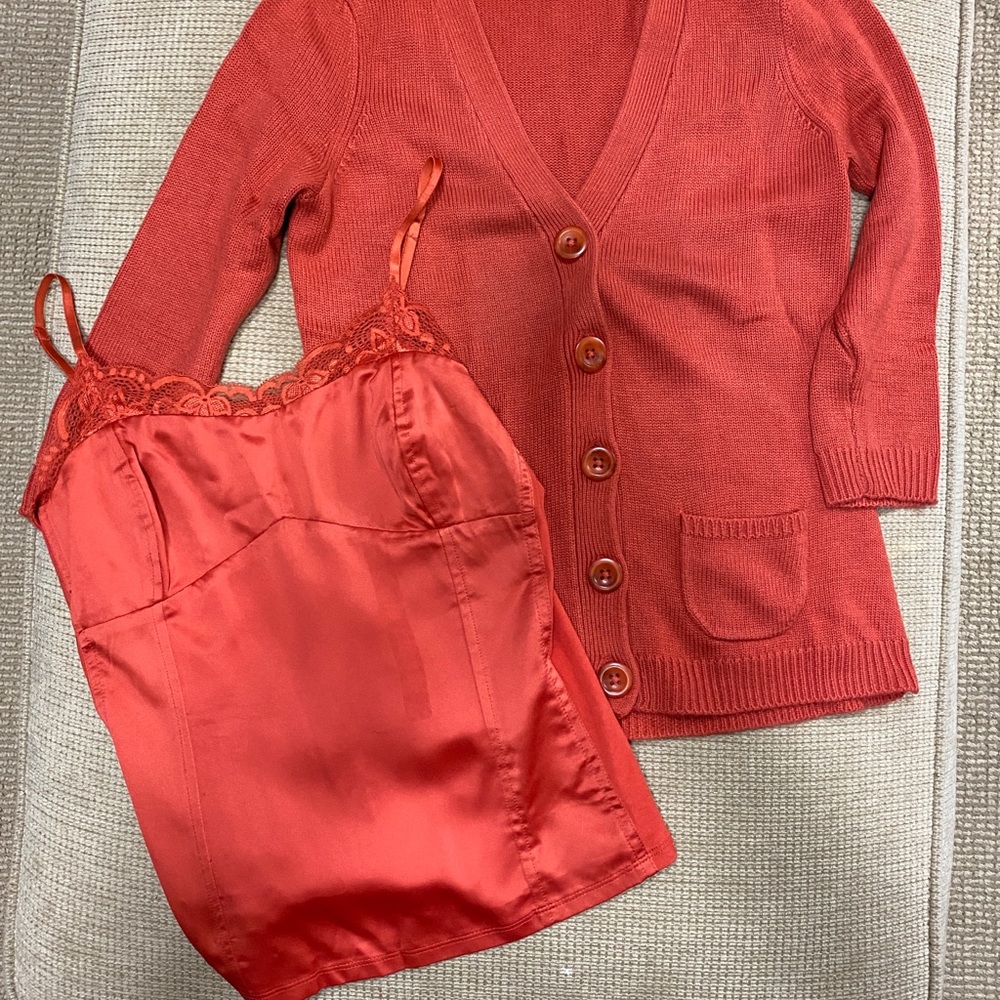 Button cardigan with matching camisole.